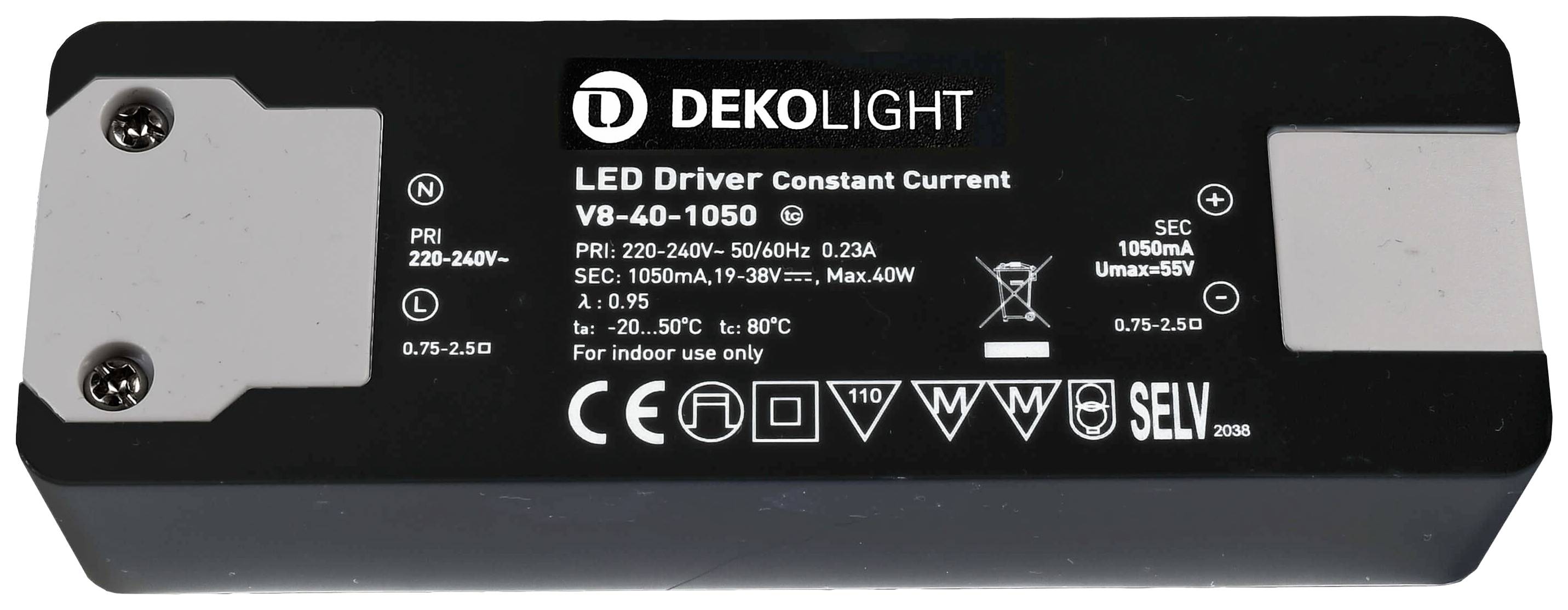 'Driver LED Dekolight V8-40-1050' con ingresso 220-240V, 50/60Hz, 0,23A, uscita 1050mA, 19-38V, max. 40W. Solo per interni.