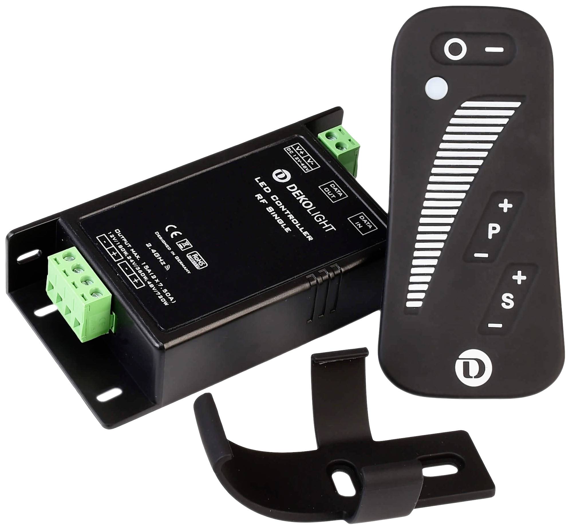 Un dimmer LED con telecomando. Il dimmer ha morsetti di connessione verdi, e il telecomando mostra simboli per attenuare e regolare la luminosità.