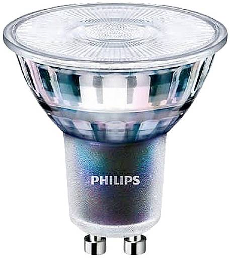 Una lampada LED GU10 con il marchio 'Philips' stampato, adatta per un'illuminazione efficiente dal punto di vista energetico.