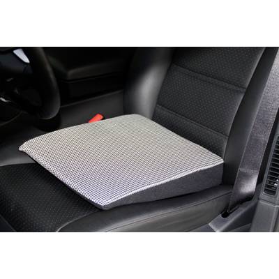 Sedile auto con un cuscino quadrato grigio posizionato sulla superficie sedile per aumentare il comfort di seduta.
