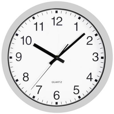 Orologio analogico da parete con quadrante bianco, numeri e lancette neri. L'orologio segna le 10:10.