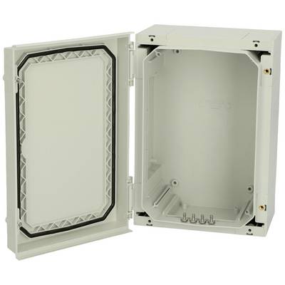 Contenitore vuoto grigio in plastica con coperchio incernierato, idoneo per l'installazione di dispositivi elettronici o cavi.