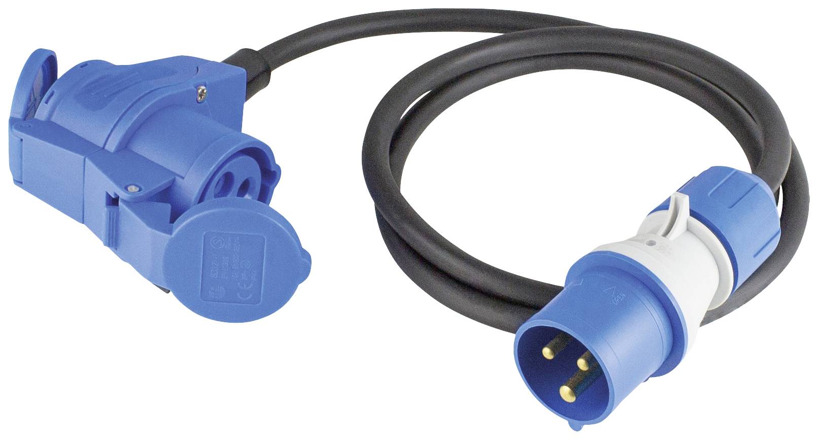 Spina CEE blu con cavo e presa, idonea per alimentazione elettrica industriale, 3 poli, con cappuccio di protezione, tipicamente utilizzata nei cantieri.