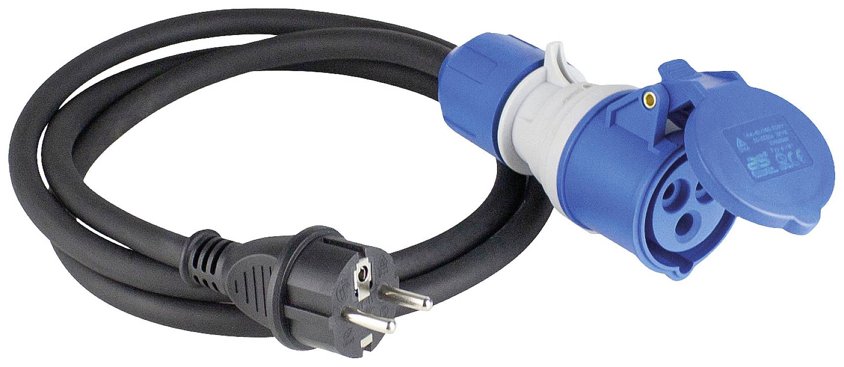 Cavo elettrico nero con spina Schuko sul lato sinistro e presa CEE blu sul lato destro, per applicazioni industriali.