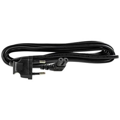Cavo di rete nero con spina europea, due pin, accanto a un terminale bipolare. Adatto per dispositivi elettronici in Europa.