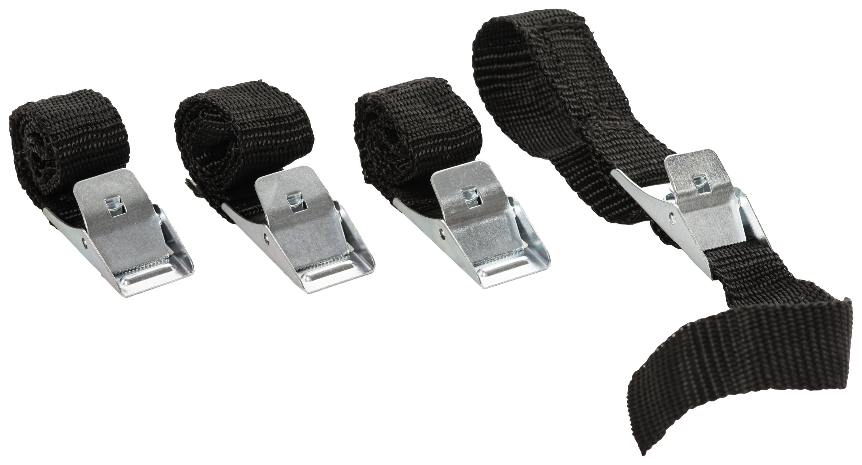Quattro cinghie a cricchetto nere di diverse lunghezze, con fibbie metalliche, disposte una accanto all'altra.