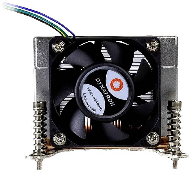Dissipatore di calore con ventola, connettori a filo e viti di fissaggio visibili. Denominazione del modello 'Dynatron' al centro del ventilatore.