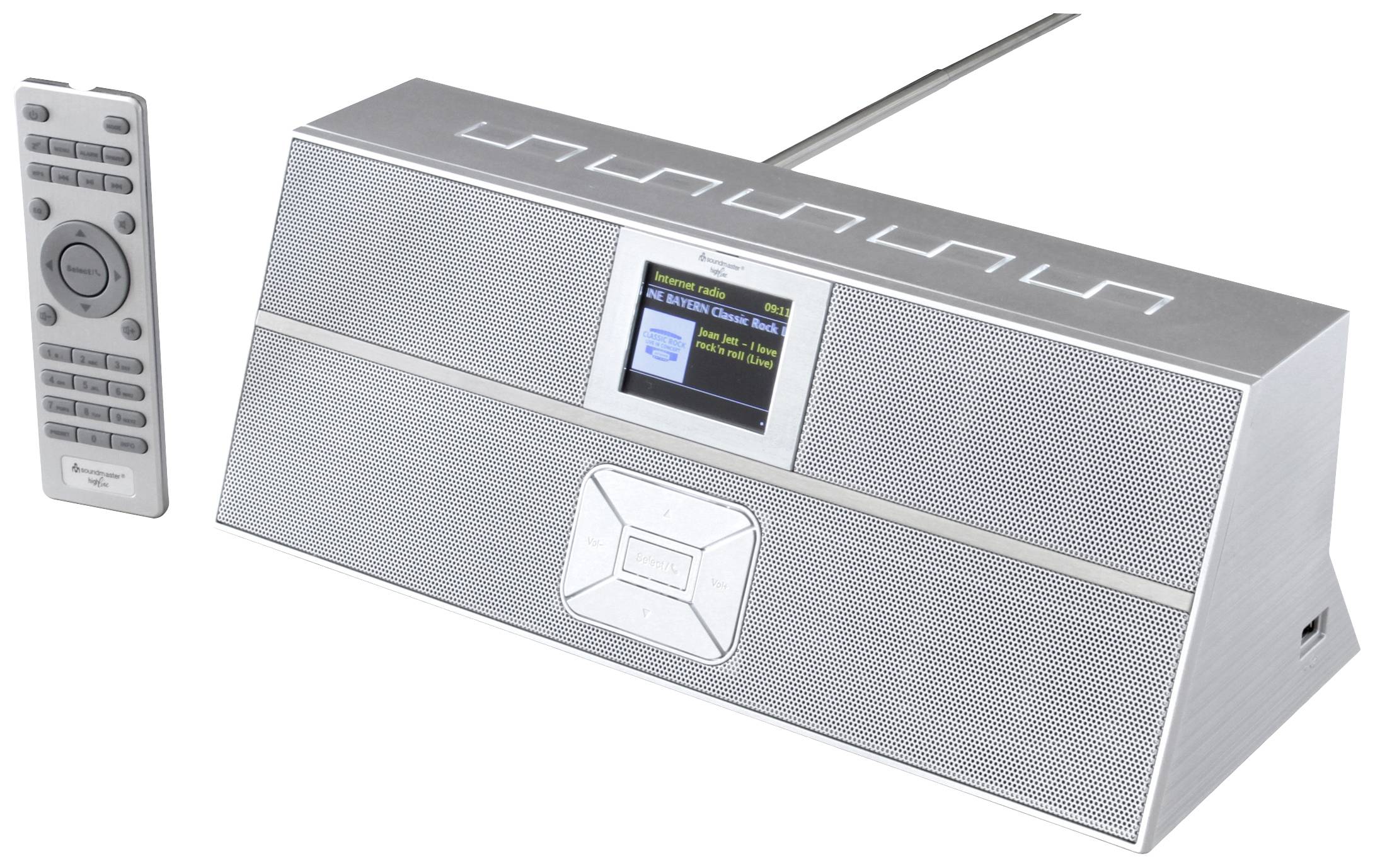 Un radio da tavolo argentato con un piccolo schermo sulla parte anteriore e un telecomando rimovibile sul lato sinistro.