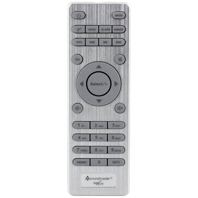 Un telecomando argentato con tasti numerici, controllo del volume, tasti del menu e un tasto direzionale centrale con 'Seleziona'.