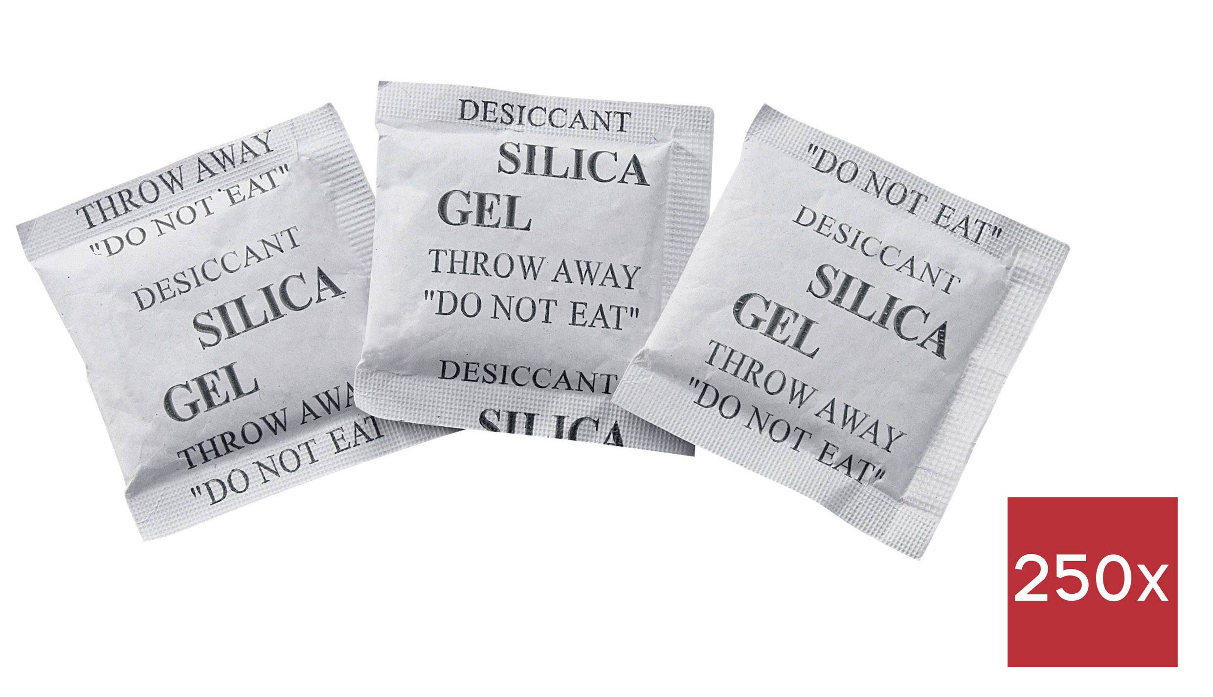 Tre bustine di gel di silice con la scritta 'Non mangiare, gettare'. 250 pezzi per confezione.