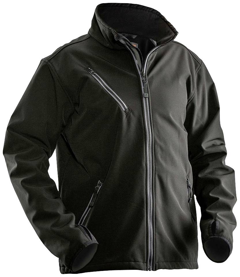 Giacca softshell nera con zip e due tasche laterali con cerniera, ideale per attività all'aperto.