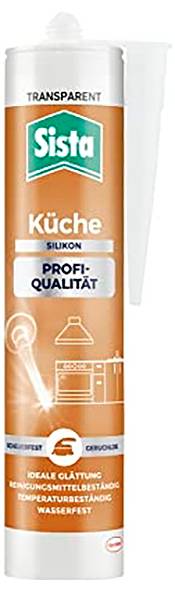 Un tubetto di sigillante 'Sista Küche Silikon' per uso cucina, con frasi come 'Qualità professionale', 'trasparente' e 'impermeabile'.