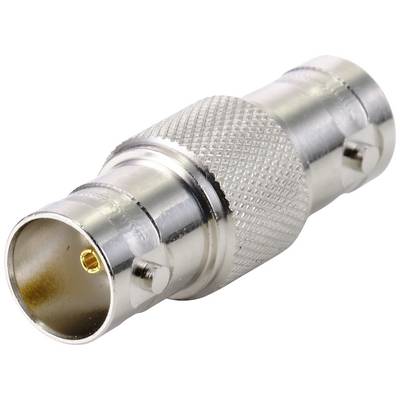 Un adattatore BNC in argento con impugnatura zigrinata. Viene spesso utilizzato per connessioni di cavi coassiali in applicazioni audio e video.