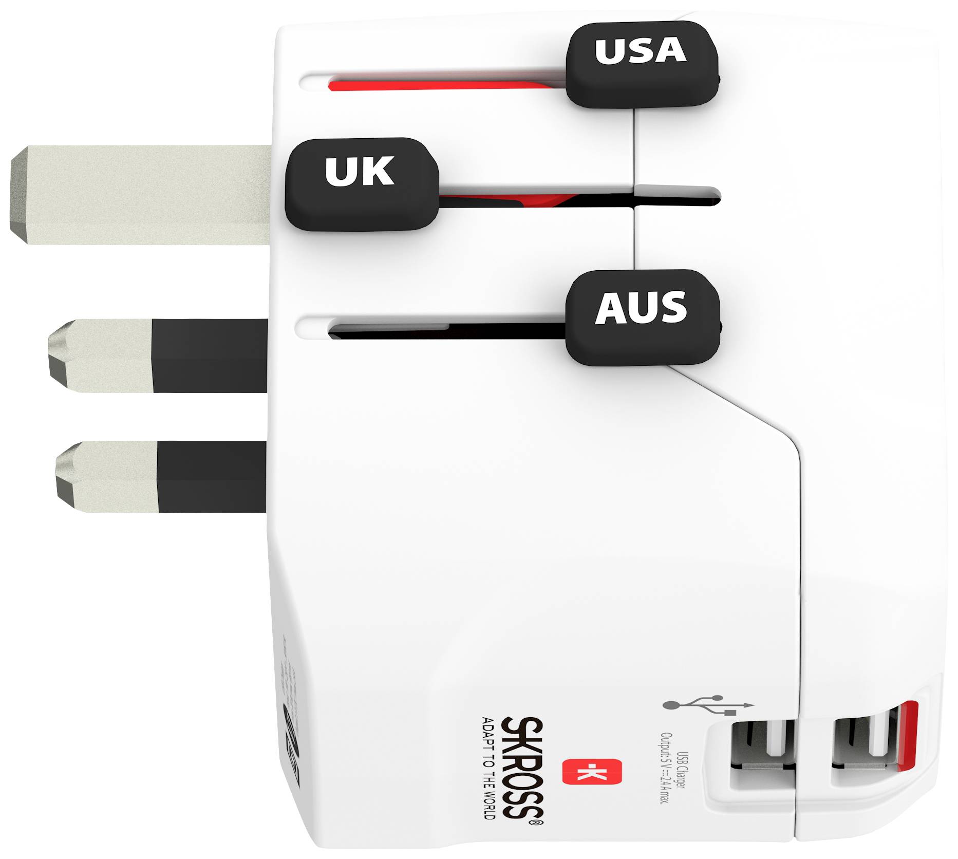 'Adattatore da viaggio SKROSS con spine estraibili per UK, USA e Australia. Due porte USB sul lato.'