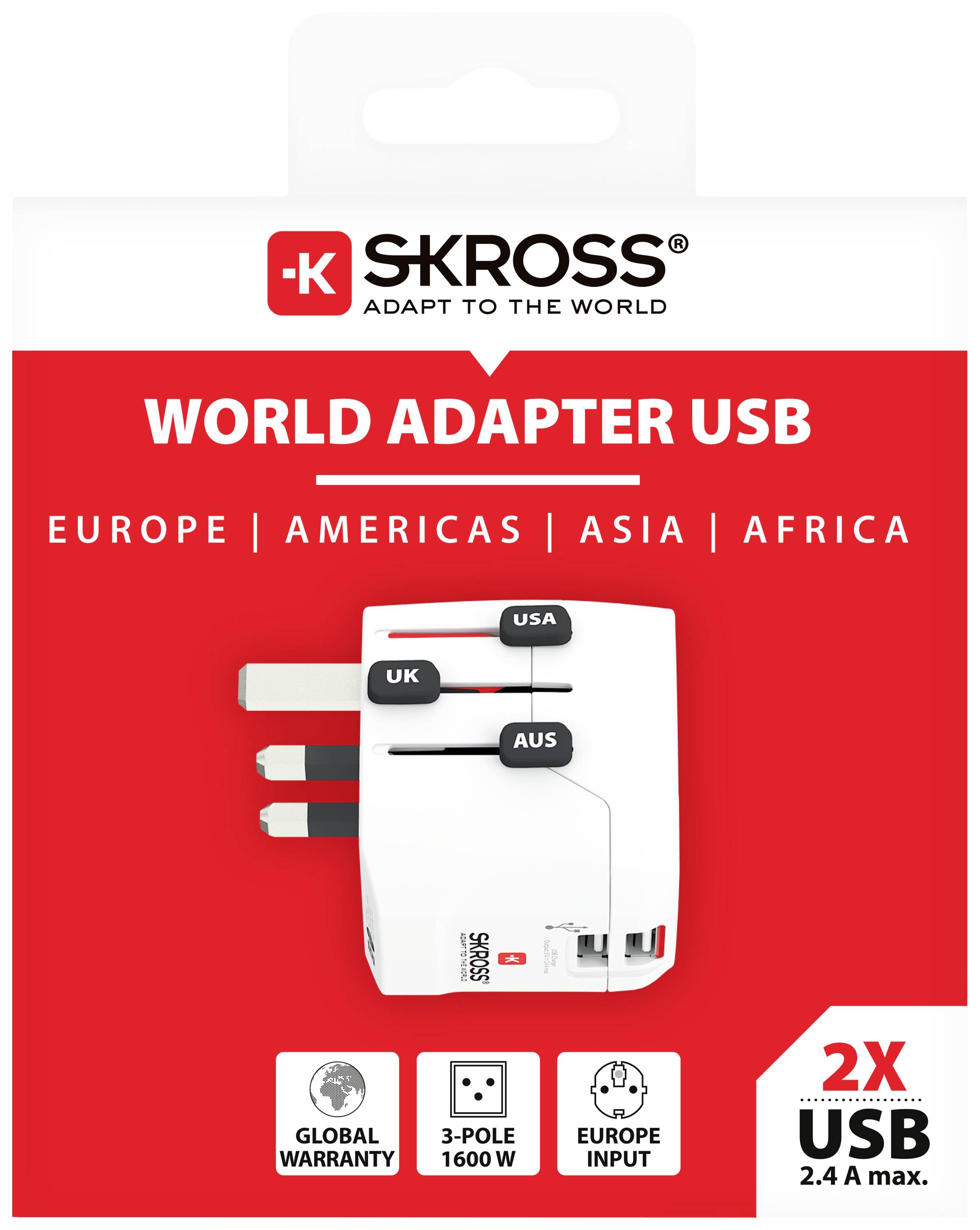 Adattatore universale 'SKROSS World Adapter USB' per Europa, America, Asia, Africa; include spine per UK, USA, AUS. Massimo 2,4 A, 1600 W.
