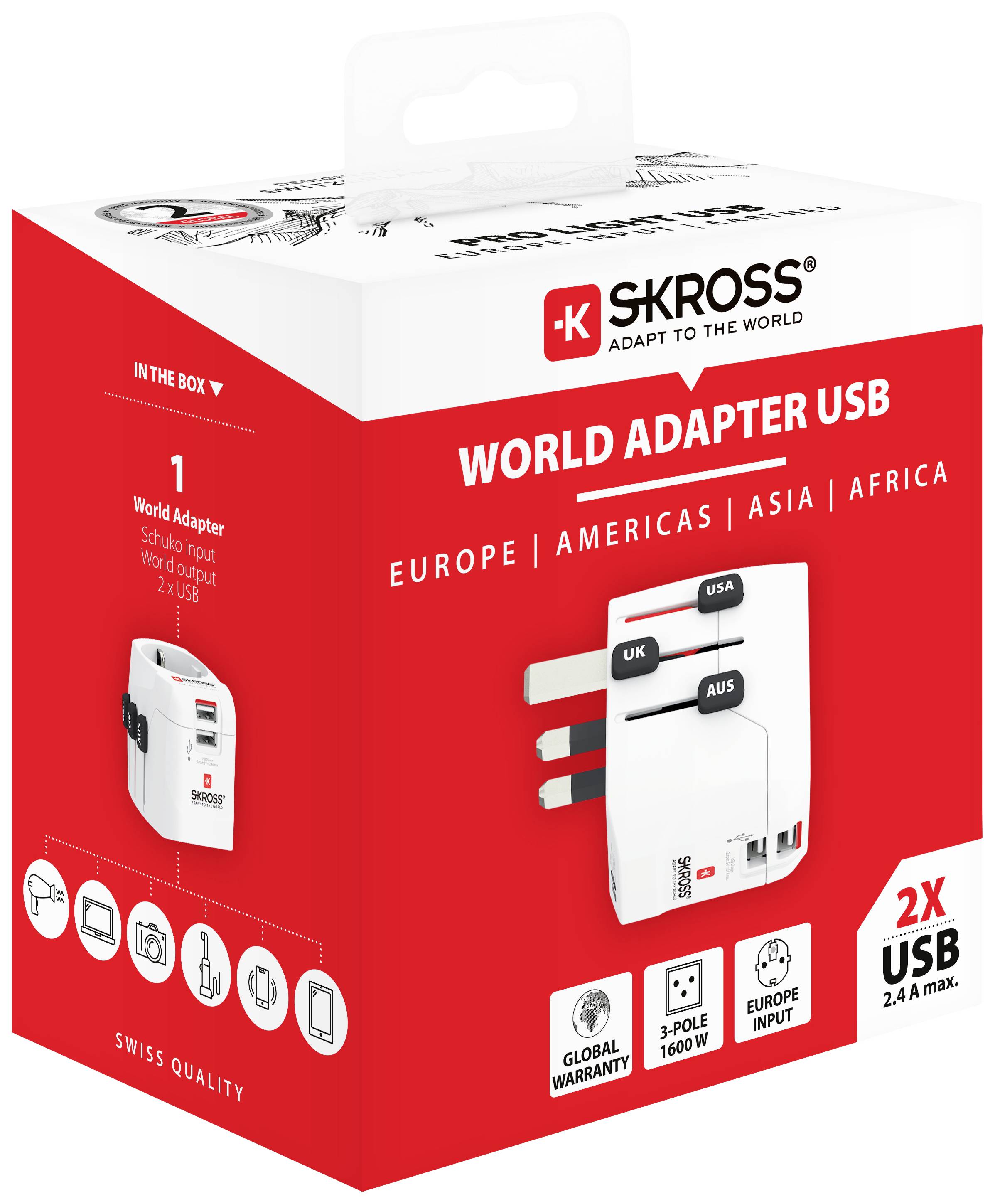 Skross adattatore da viaggio in confezione rossa. Supporta Europa, America, Asia e Africa con porte USB. Compatibile a livello globale.