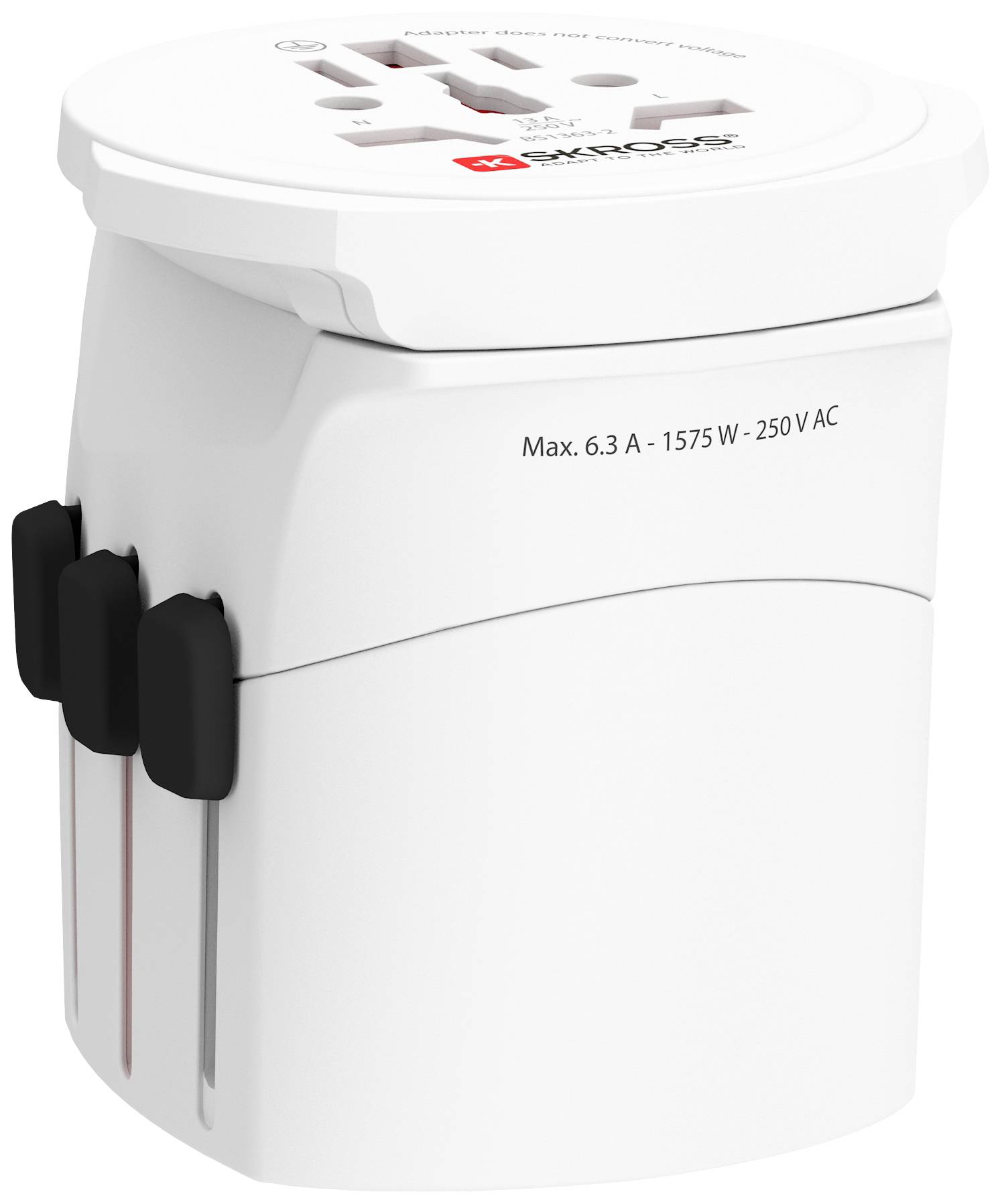 Adattatore da viaggio con multiple opzioni di prese, adatto per prese elettriche in tutto il mondo. Specifica elettrica massima: 6,3 A, 1575 W, 250 V AC.