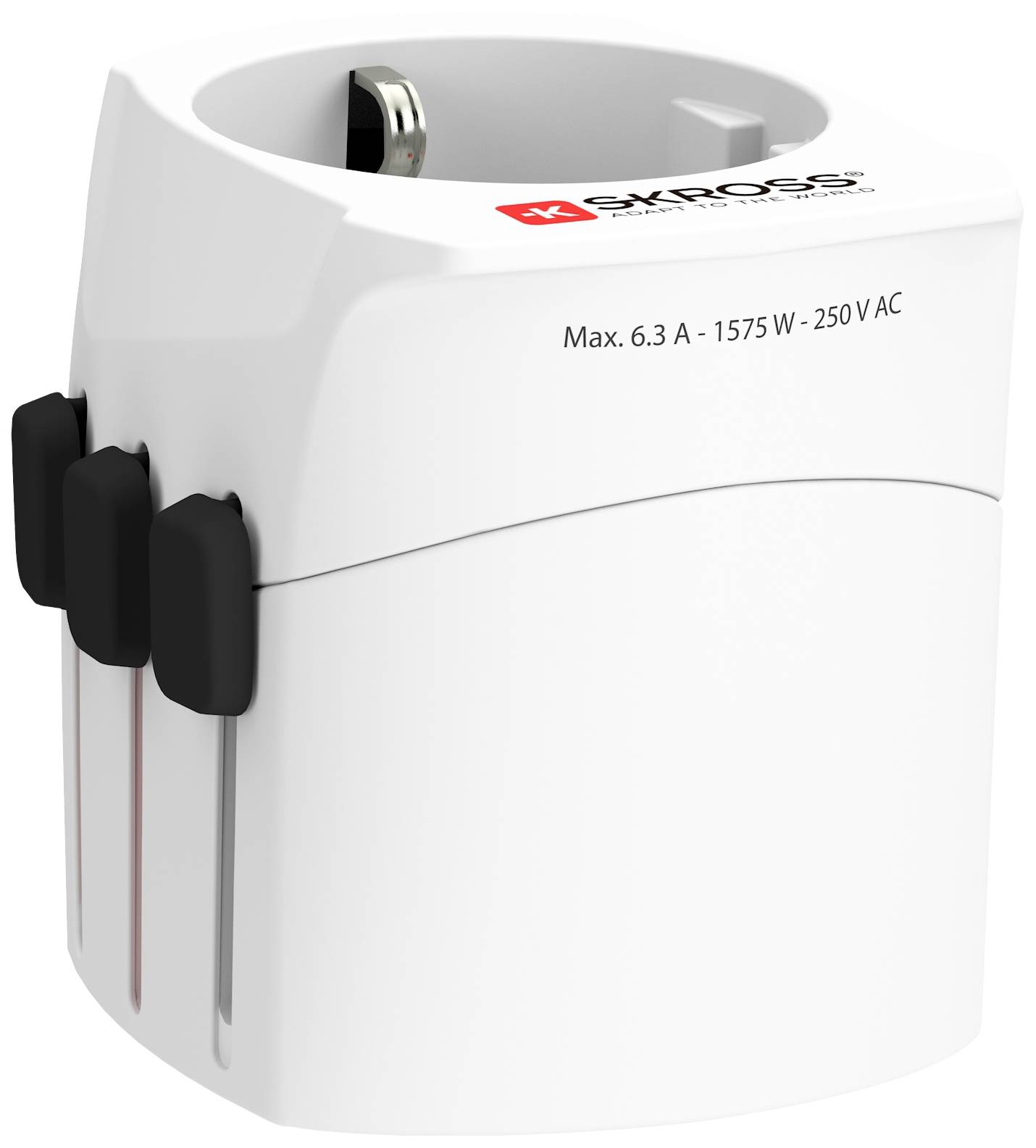 'Adattatore da viaggio con tre cursori neri e la scritta Max. 6,3 A - 1575 W - 250 V CA.'