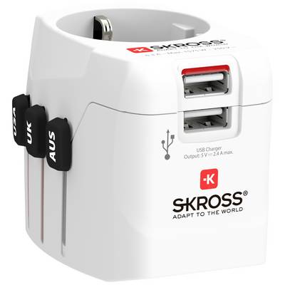 Adattatore universale per prese elettriche con porte USB e cursori per UK, AUS e UE. Marca: SKROSS, Testo: 'Adapt to the world'.