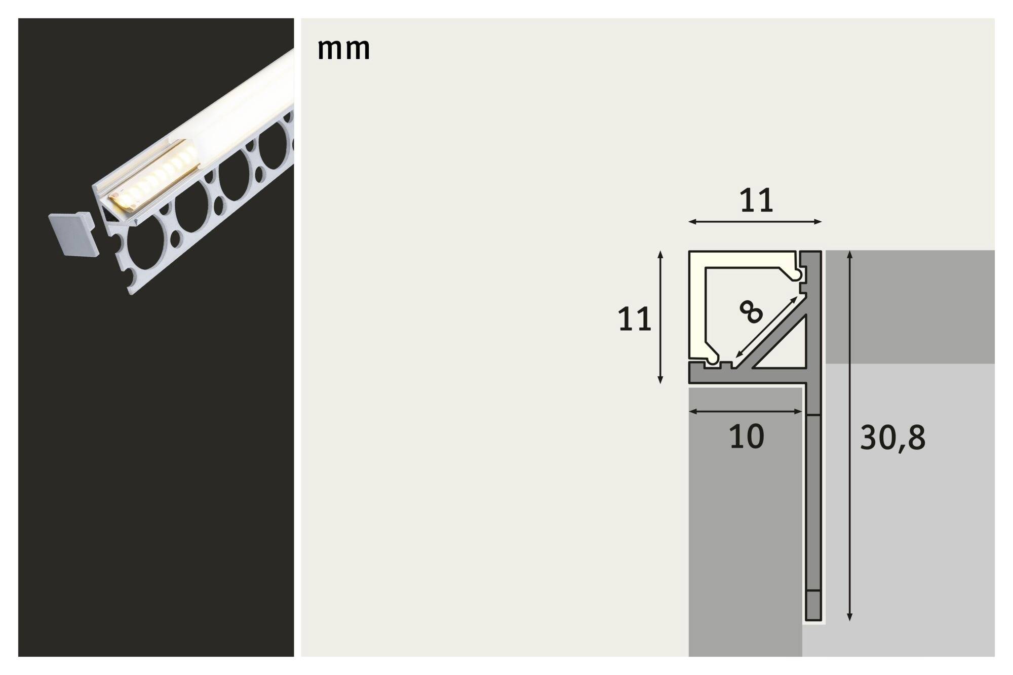 Rappresentazione schematica di un profilo metallico. A sinistra: vista 3D del profilo con una piastrella. A destra: disegno tecnico con dimensioni.