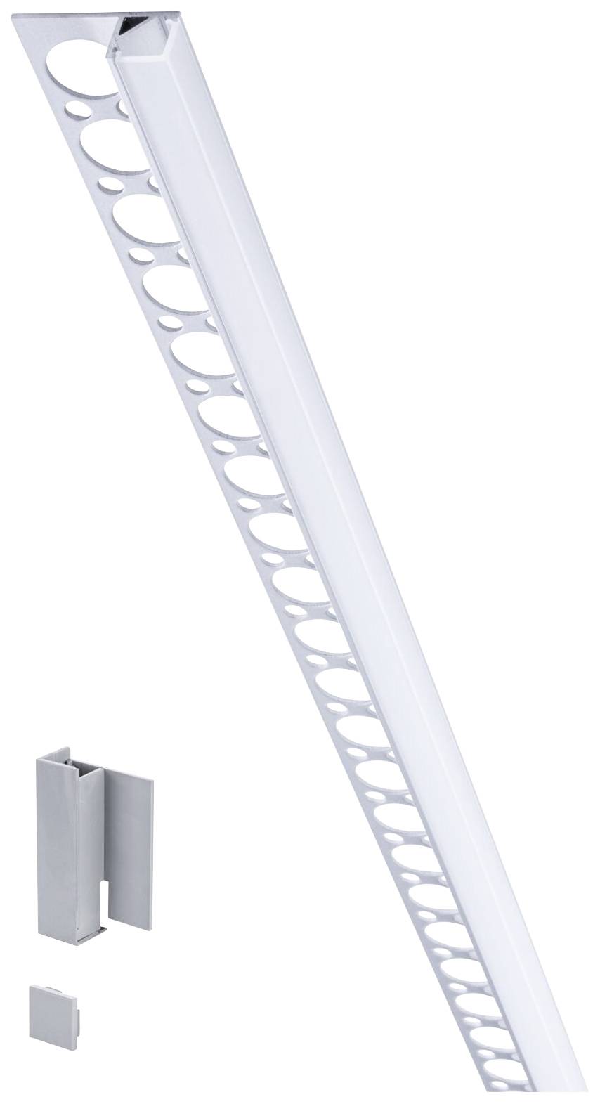 Un profilo LED bianco con fori arrotondati, mostrato in vista diagonale. In basso sono raffigurati due tappi terminali come parti del prodotto.