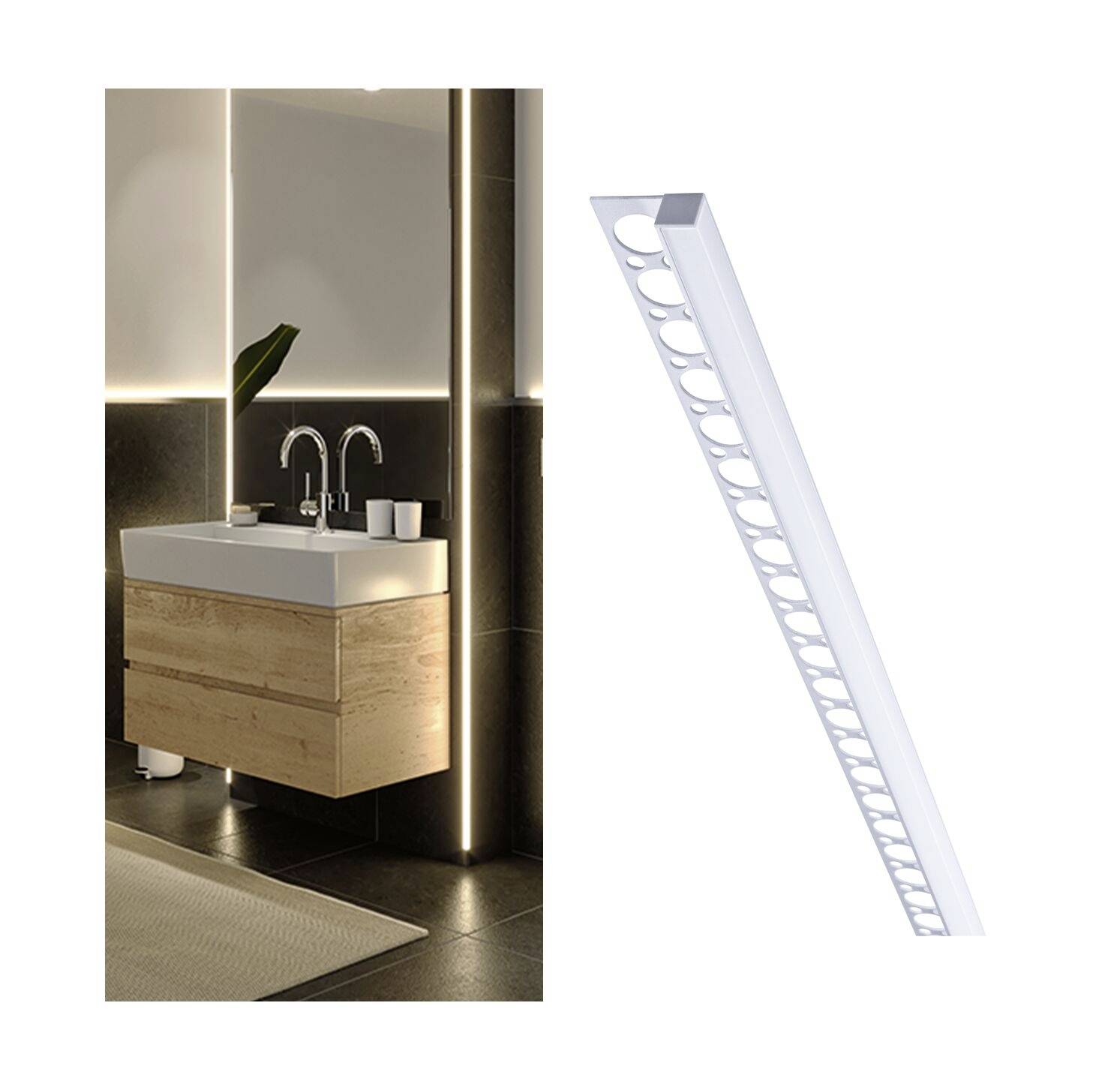 Un bagno moderno con un lavabo in legno montato a parete, illuminato da una sottile striscia LED bianca.