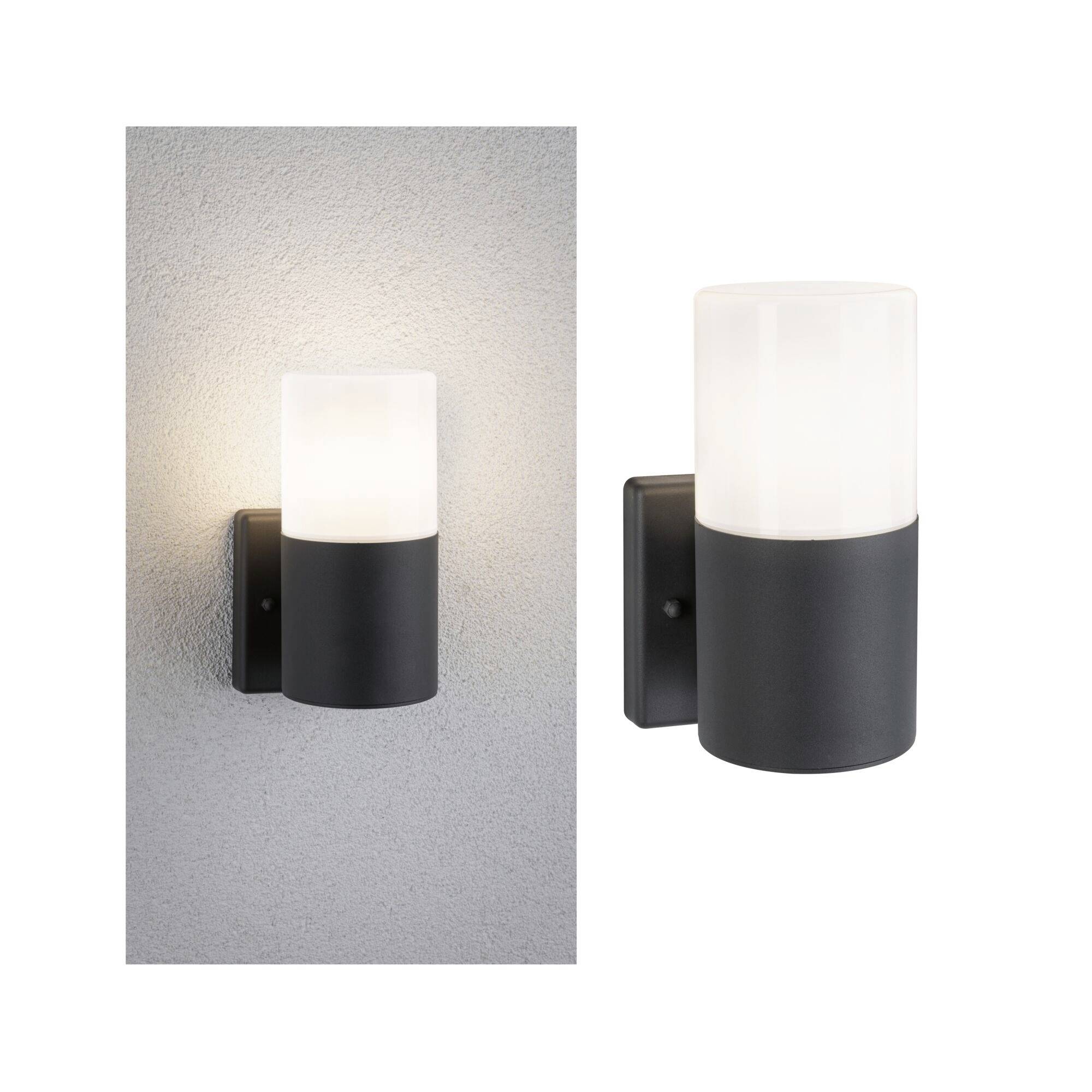 Lampada da esterno con involucro cilindrico nero e diffusore in vetro opaco bianco montata su una parete.