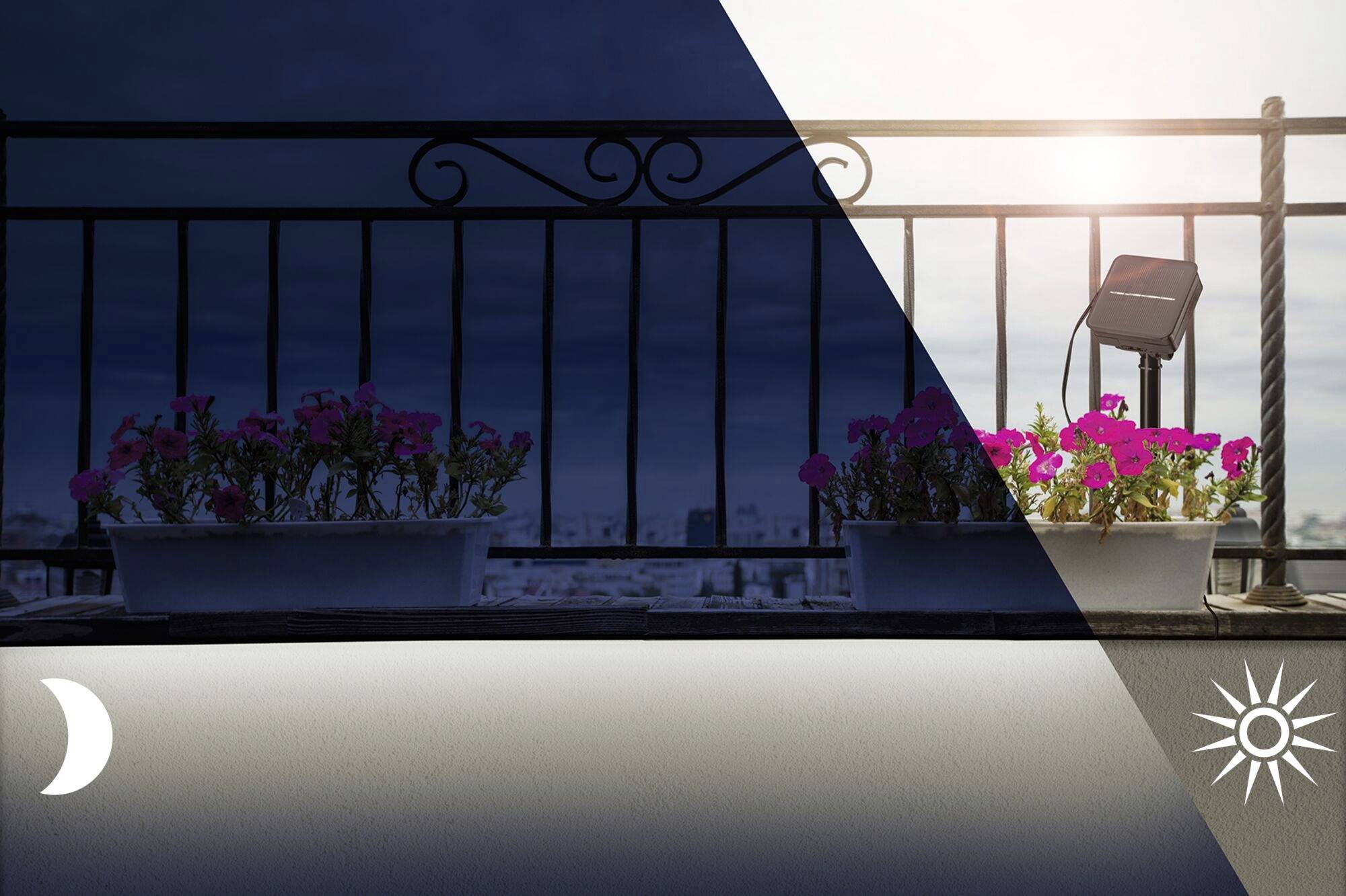 Un balcone con fioriere; a sinistra di notte con simbolo lunare, a destra di giorno con simbolo solare. Una lampada illumina i fiori durante il giorno.