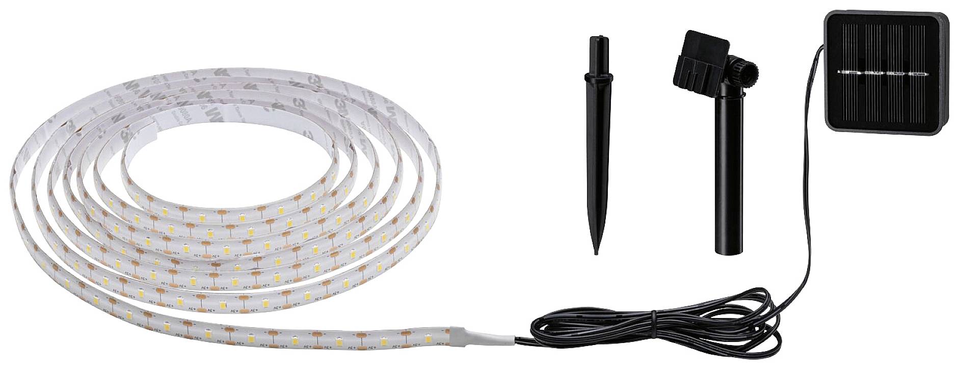 Striscia luminosa LED con pannello solare, picchetto di terra e supporto. Adatto per illuminazione esterna efficiente senza collegamento elettrico.