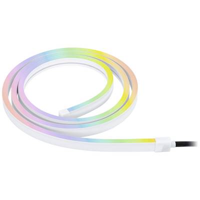 Nastro LED colorato e flessibile con sfumature, arrotolato a spirale, che mostra diverse tonalità che vanno dal blu al giallo.