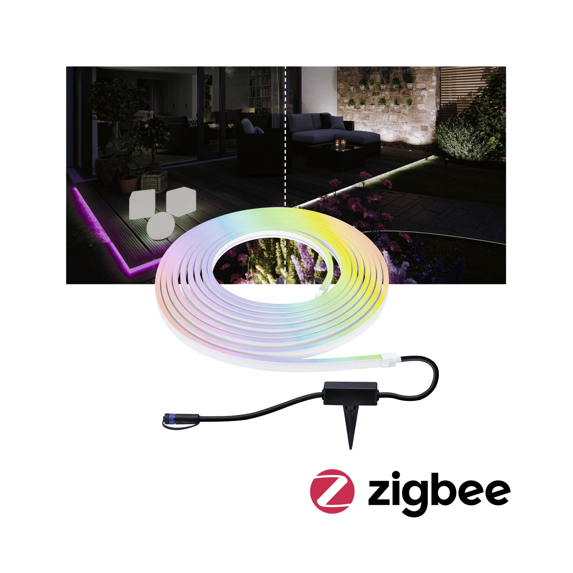 Striscia LED per esterno con spettro cromatico, ideale per l'illuminazione di terrazze e percorsi. Compatibile con Zigbee.