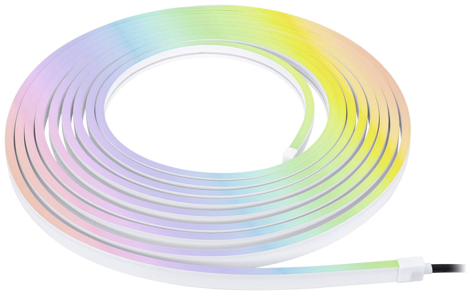 'Striscia LED RGB' mostra una striscia luminosa LED arrotolata con sfumature colorate in bianco, blu, verde, giallo e rosa.
