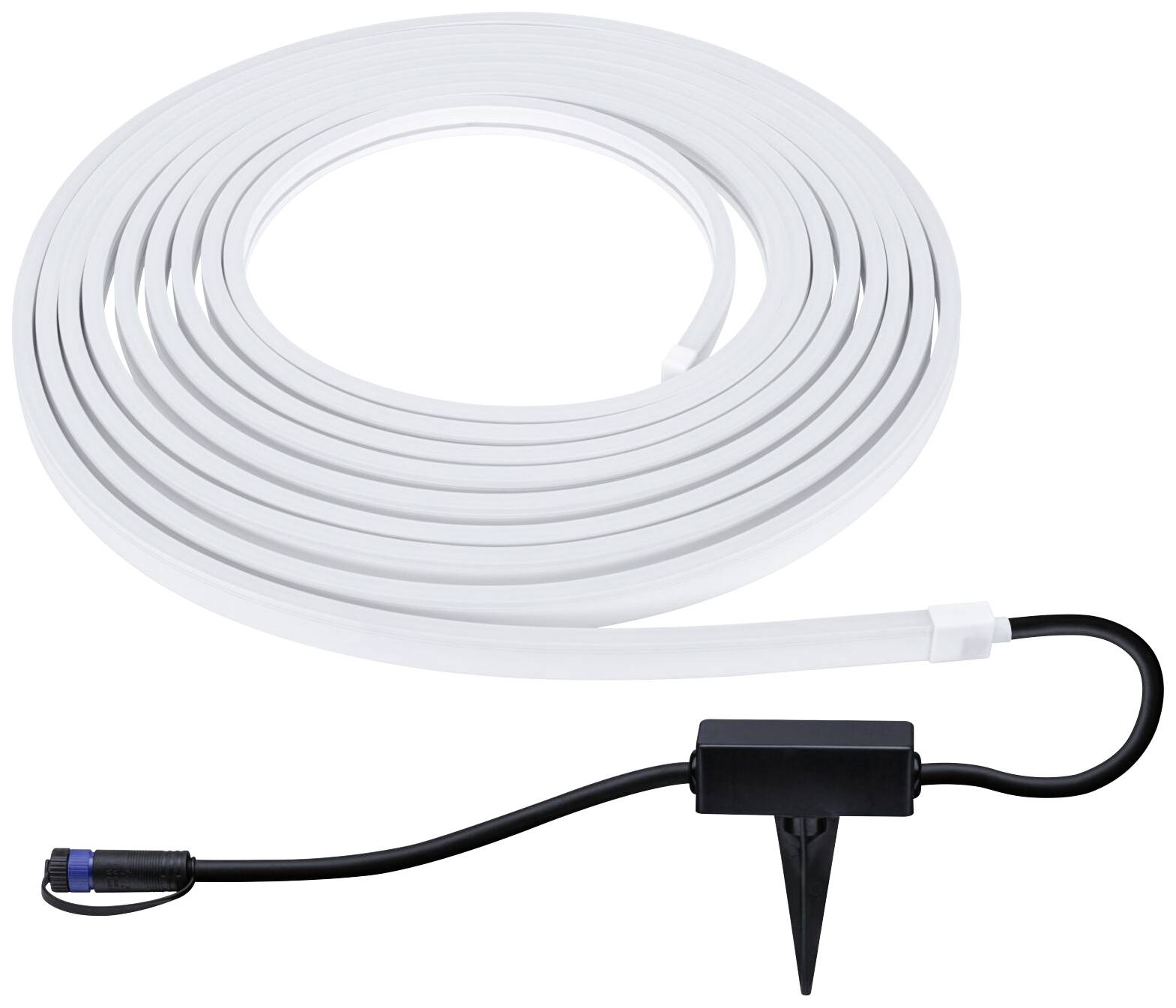 Un rullo di cavi bianco con una spina nera e un adattatore a picchetto di terra. Adatto per l'utilizzo esterno per l'alimentazione elettrica.