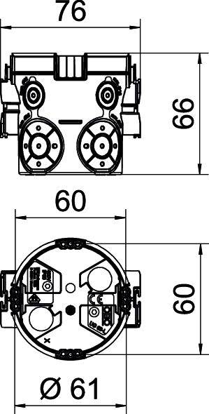 Disegno tecnico di un dispositivo elettrico rotondo con dimensioni: diametro 61 mm, altezza 60 mm, larghezza 76 mm.