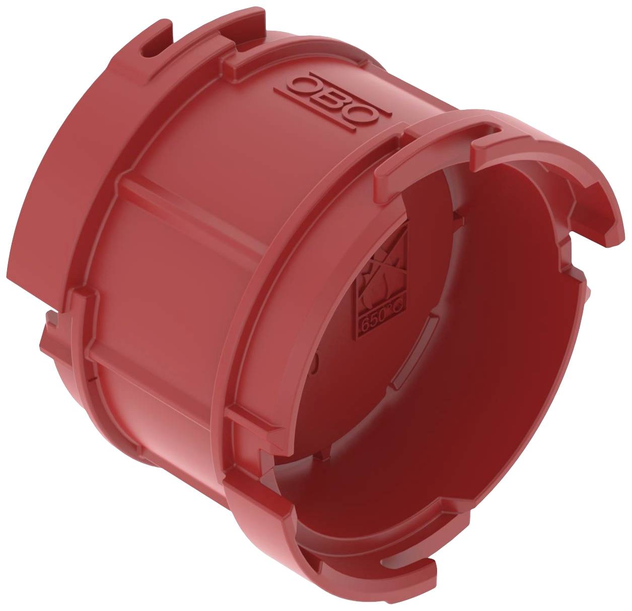 Adattatore cilindrico rosso in plastica con clip laterali, per il collegamento di componenti, raffigurato su sfondo bianco.