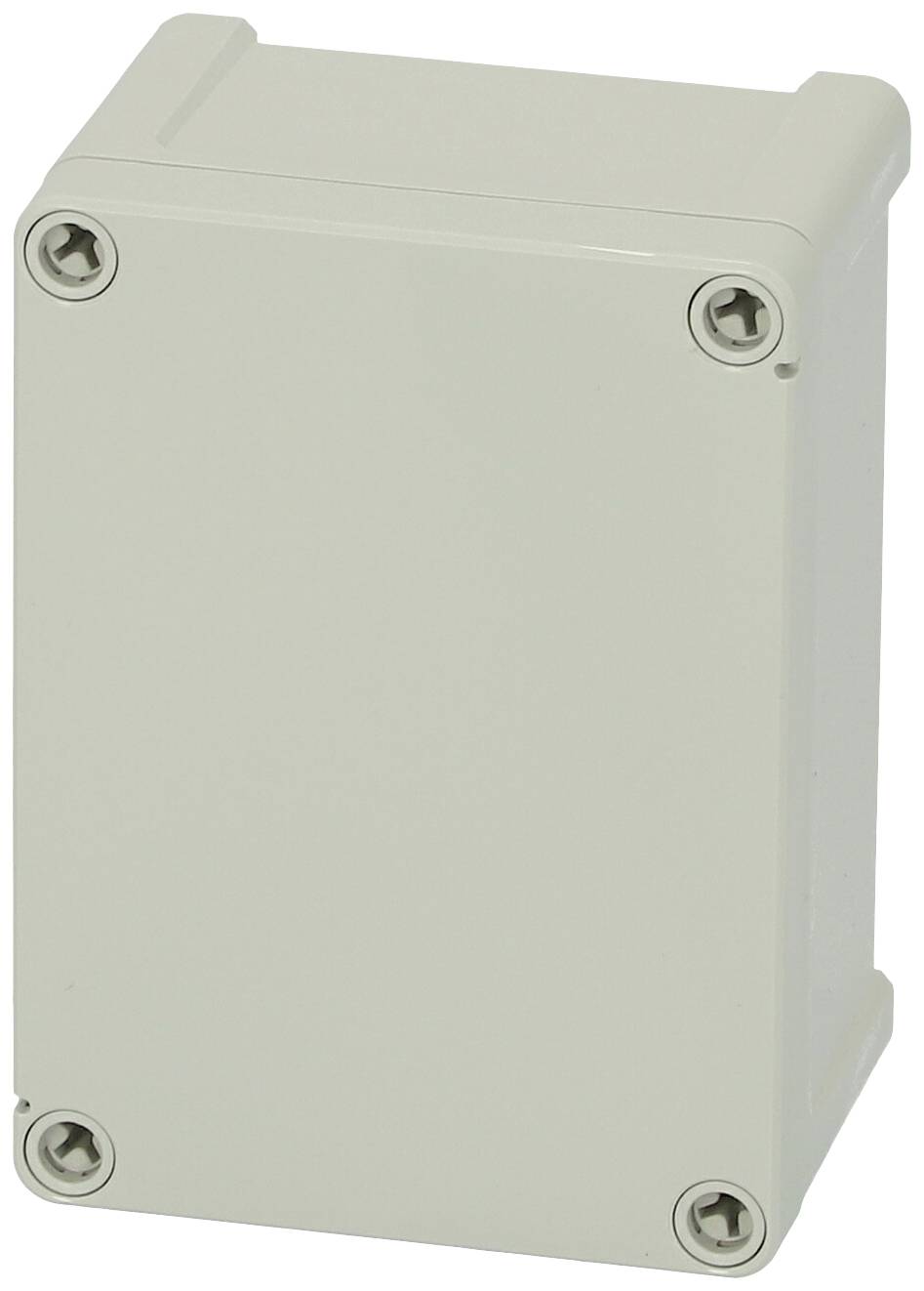 Un involucro rettangolare in plastica grigio chiaro con quattro viti agli angoli. Viene spesso utilizzato per componenti elettrici.