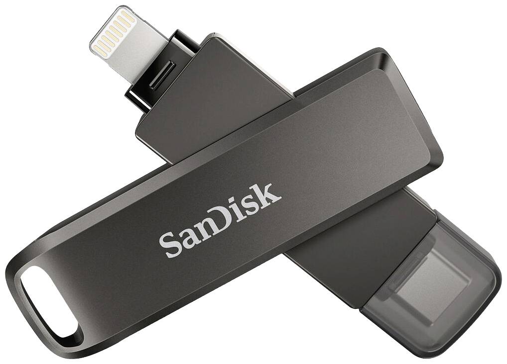 Chiavetta USB SanDisk con connettore Lightning e USB in colore grigio, ideale per l'archiviazione e il trasferimento di dati tra dispositivi.