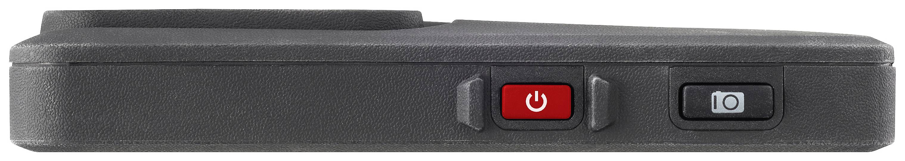 Dispositivo nero con pulsante di accensione rosso e pulsante grigio con simbolo della fotocamera sulla parte superiore.