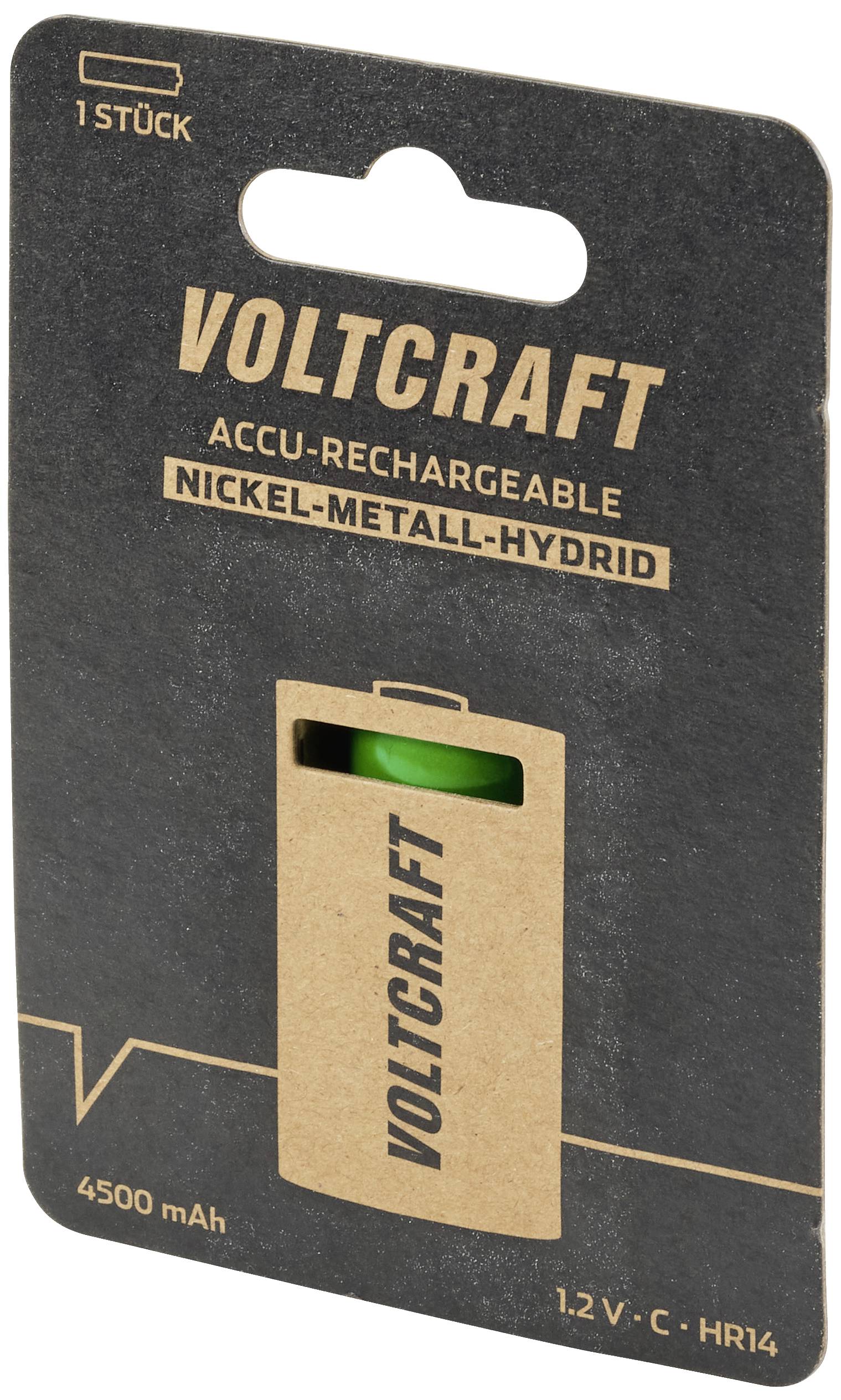 Pacco batteria Voltcraft con batteria Nichel-Metallo Idruro, 4500 mAh, 1,2 V, dimensione C, HR14, per uso ricaricabile.
