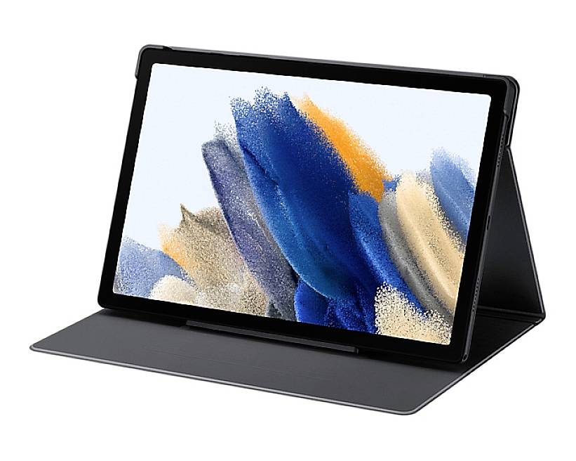 Un tablet con un design astratto e colorato sullo schermo, è inserito in una custodia nera che funge da supporto.