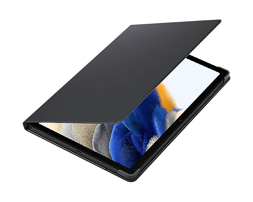 Un tablet con una custodia protettiva nera parzialmente chiusa. Sullo schermo sono visibili colori astratti.