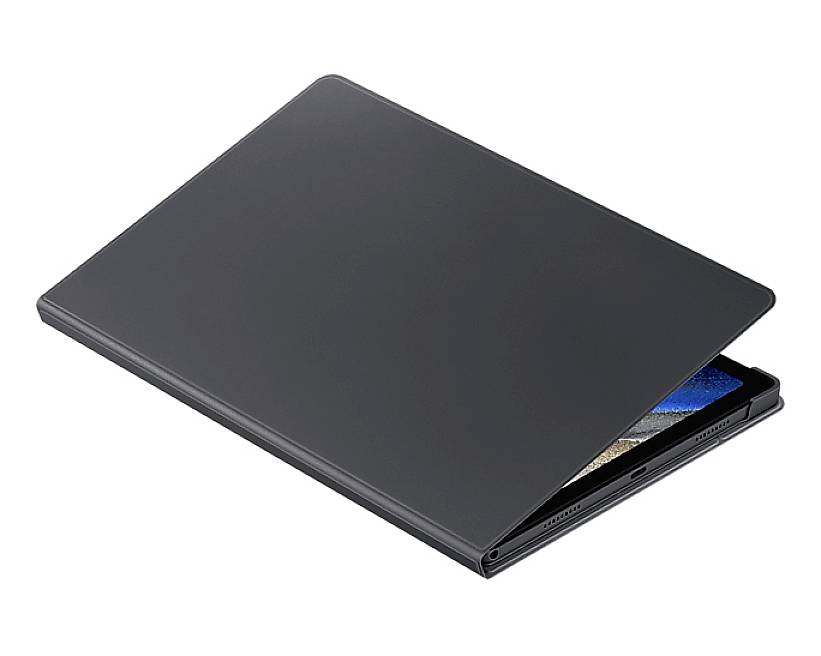 Un tablet nero parzialmente chiuso mostra un display visibile all'interno con un'immagine colorata.