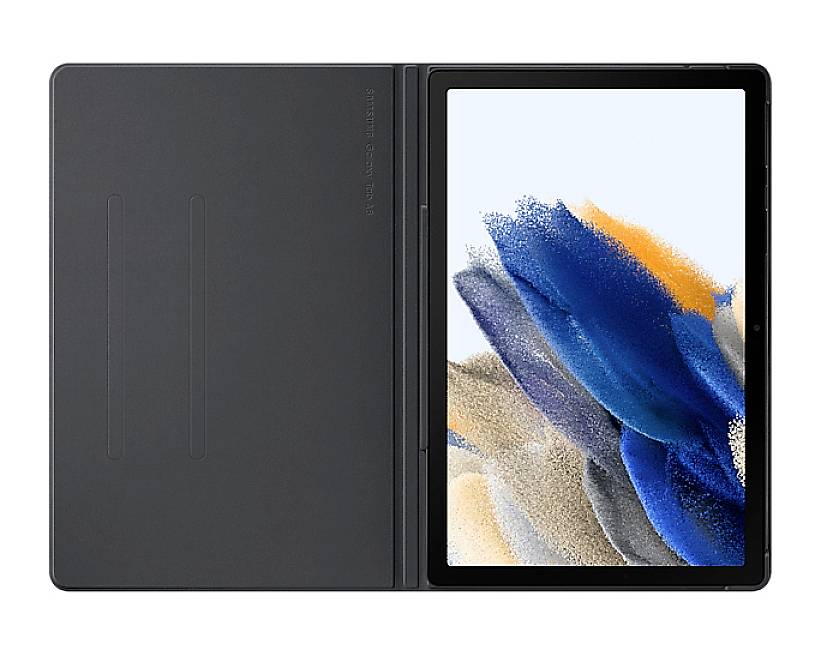 Un tablet con un'opera d'arte digitale colorata sullo schermo è aperto all'interno di un involucro nero.