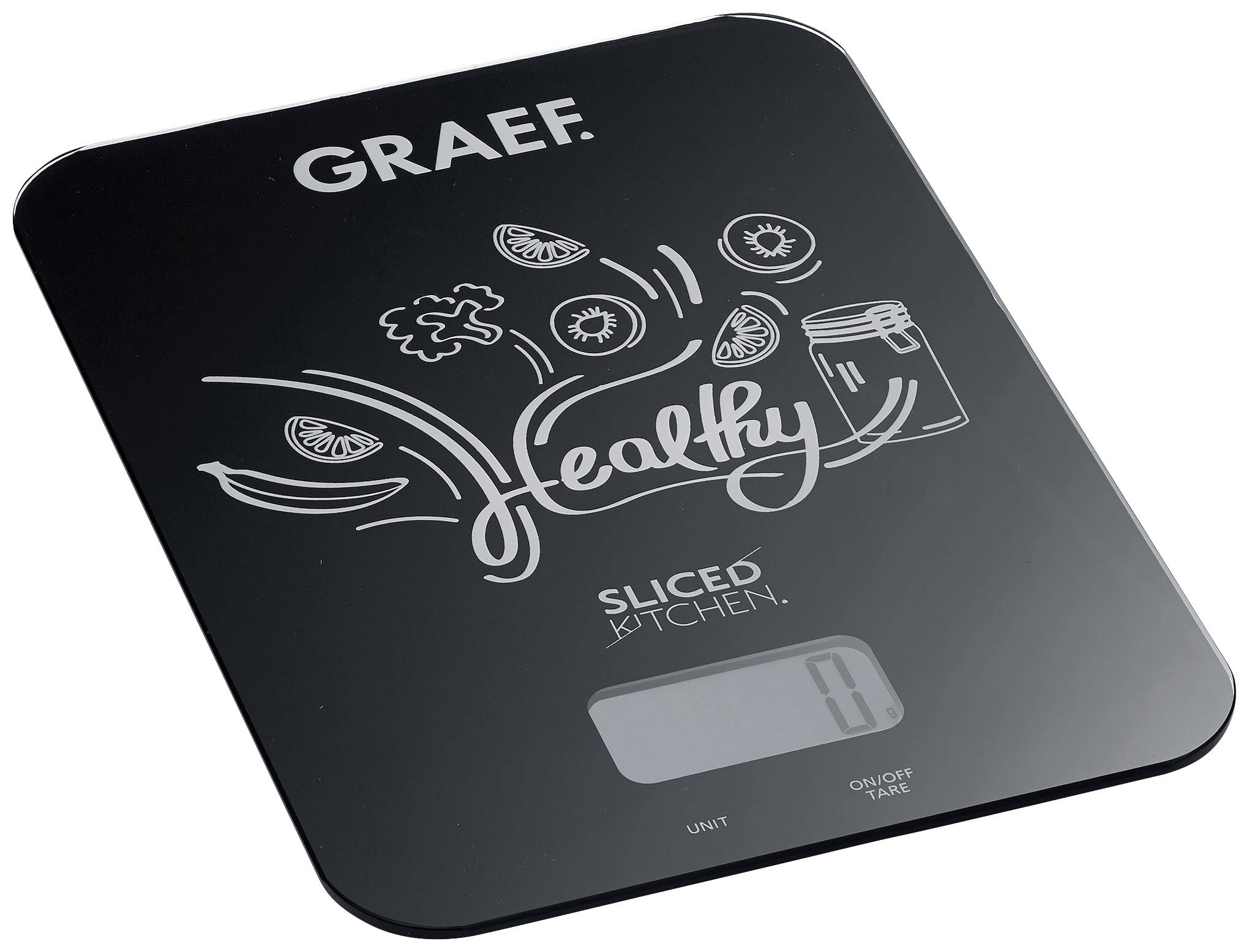 Bilancia da cucina digitale con superficie nera, decoro argentato e display digitale. Scritta: 'HEALTHY' e vari simboli alimentari.