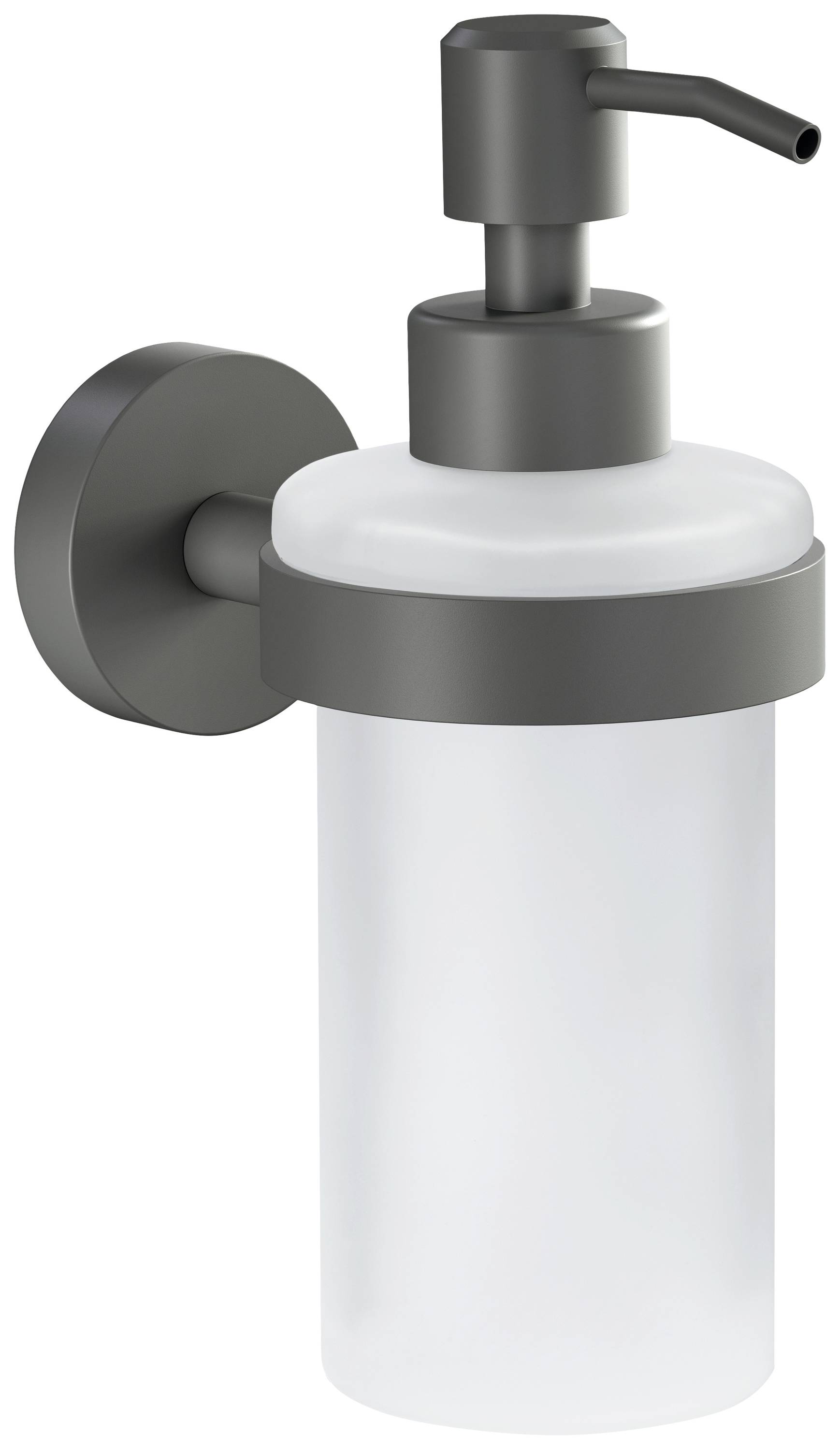 Dispenser di sapone a parete, in metallo nero, con contenitore trasparente, stile moderno. Adatto per bagno o cucina.