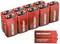 Nove batterie rosse da 9 volt del marchio 'Voltcraft', disposte su due file. Una singola batteria è posizionata davanti.