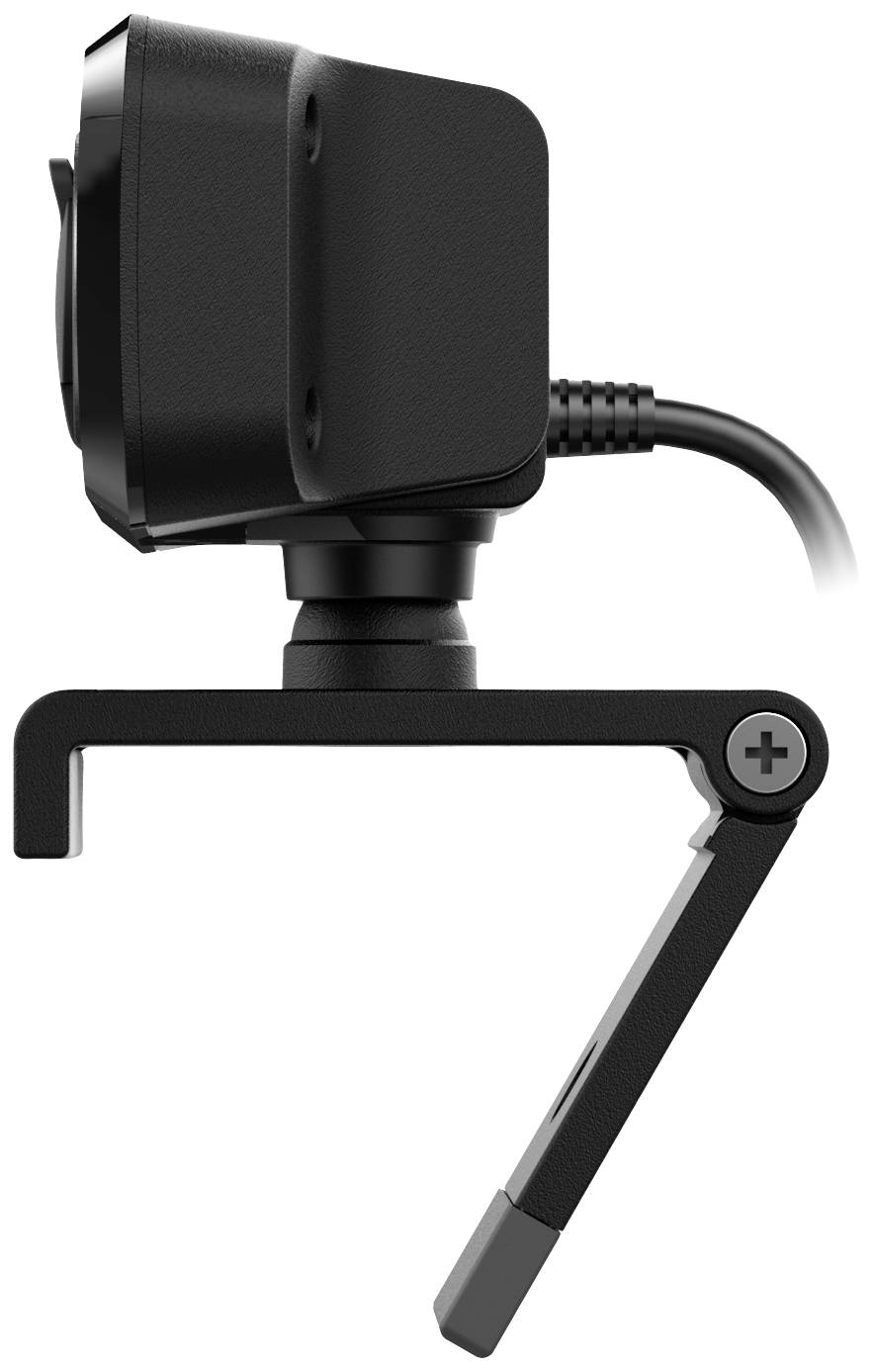 Una webcam nera, ripresa di lato, con supporto regolabile e cavo che si estende posteriormente.
