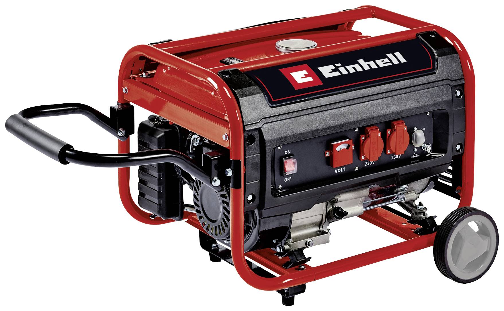 Generatore portatile Einhell in rosso e nero con diversi interruttori e indicatori per l'uso esterno.
