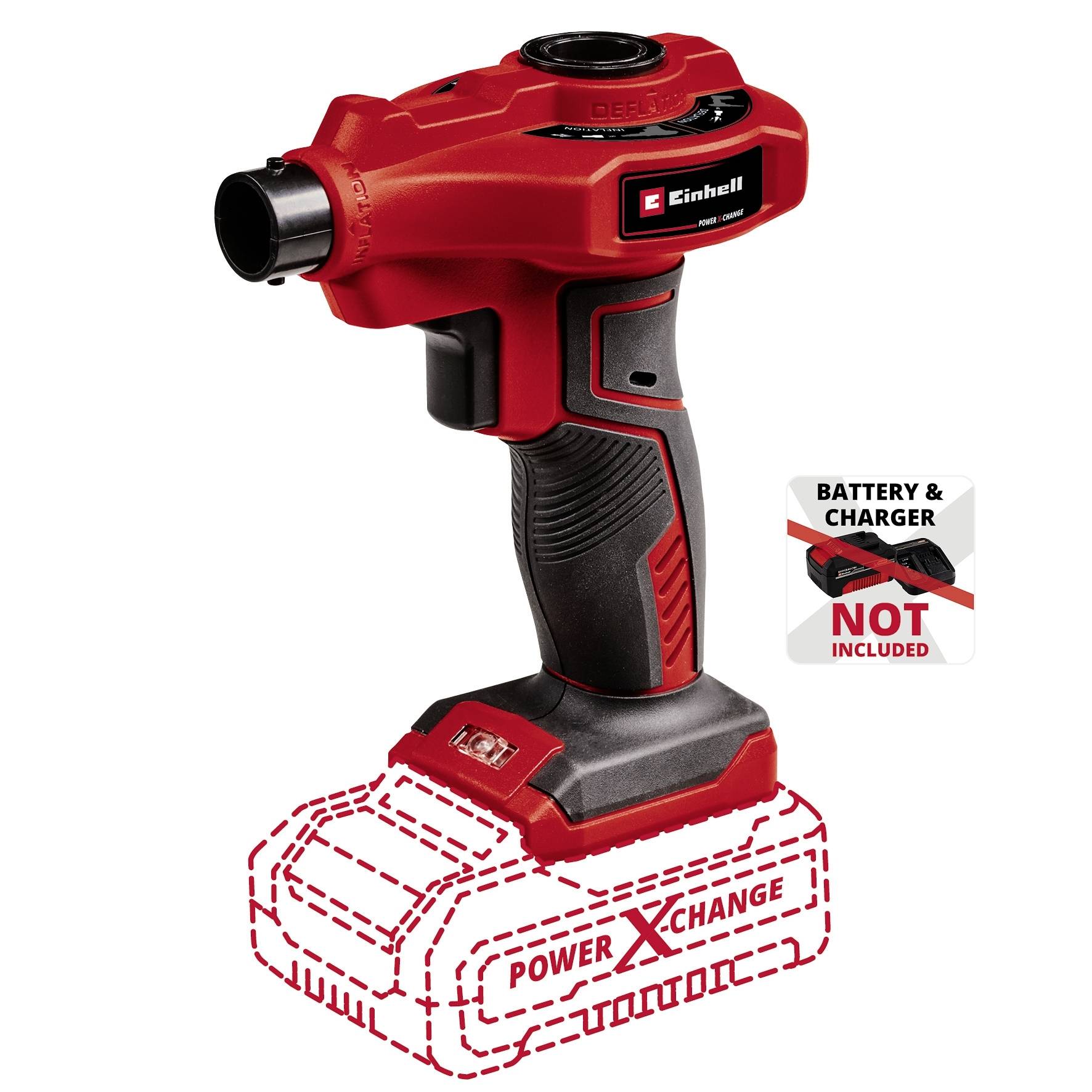 Un avvitatore a impulsi a batteria rosso senza batteria inserita, marca mostrata. Nota sull'assenza di batteria e caricabatterie nella confezione.