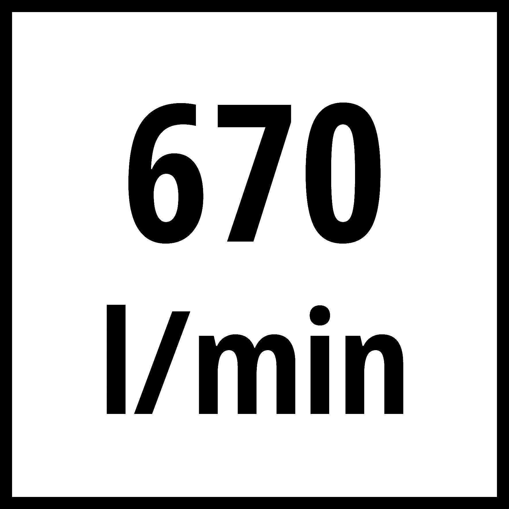 '670 l/min' in carattere nero su sfondo bianco.